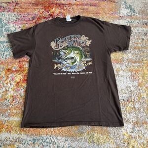 Y2K Kerusso Fishers of Men Graphic T-Shirt Mens L Brown Bass Fishing Religious